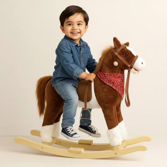 Boy on brown rocking horse - clean
