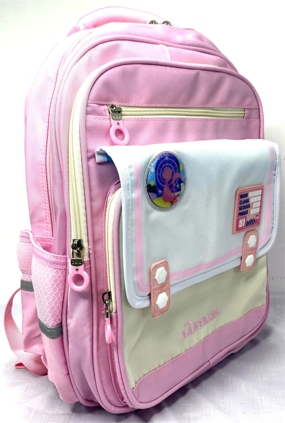 Cute Pink and White School Backpack with Cartoon Badge - Durable and Stylish MJ Toys