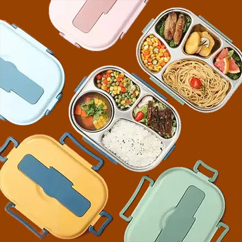 4 Compartment Stainless Steel Lunch Box with Spoon & Chopsticks MJ Toys