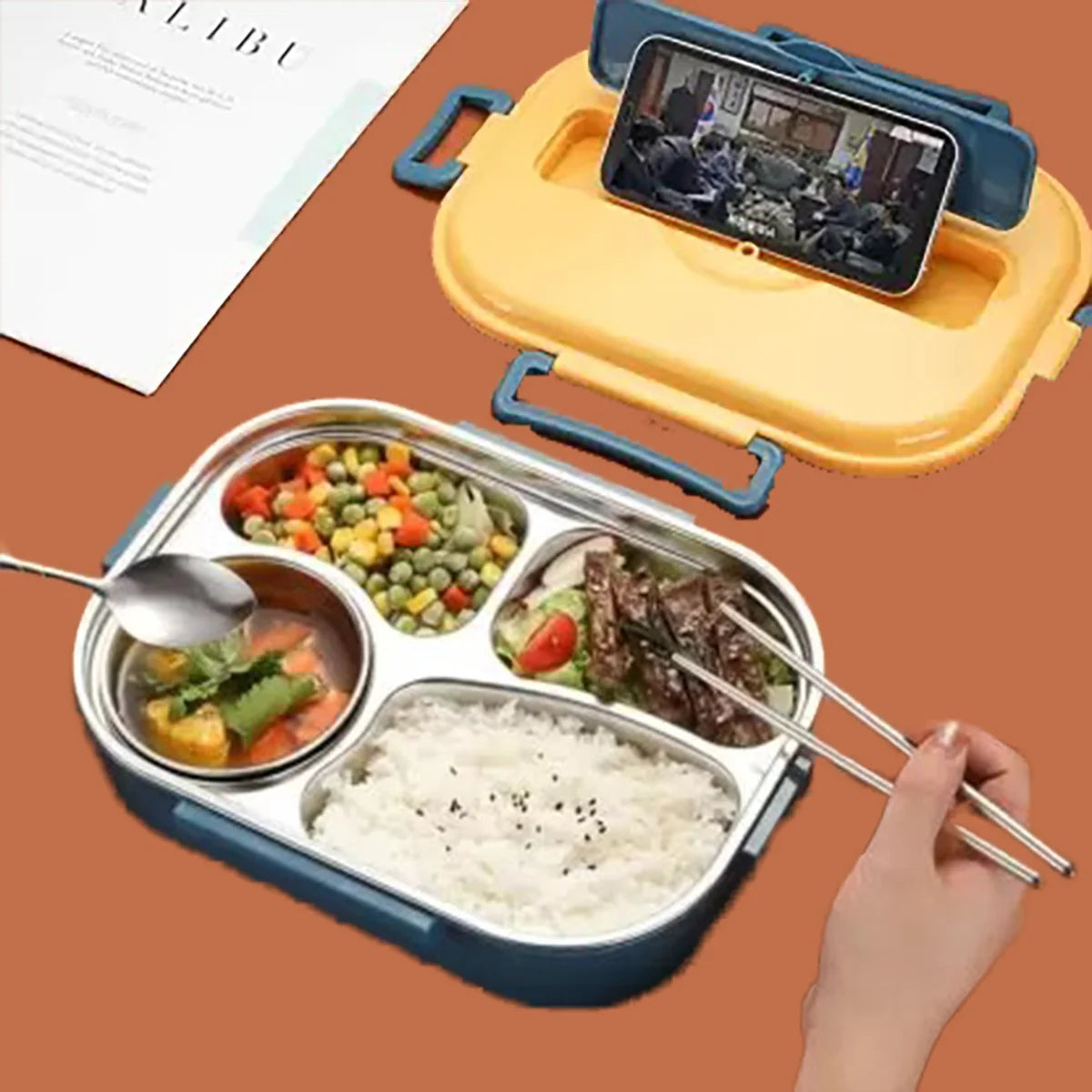 4 Compartment Stainless Steel Lunch Box with Spoon & Chopsticks MJ Toys