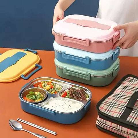 4 Compartment Stainless Steel Lunch Box with Spoon & Chopsticks MJ Toys