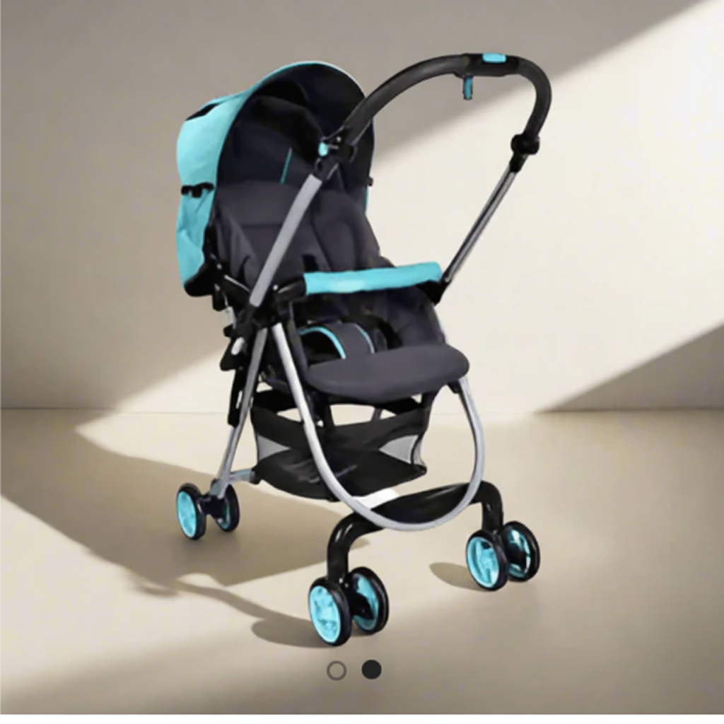 Turquoise baby stroller - beige background